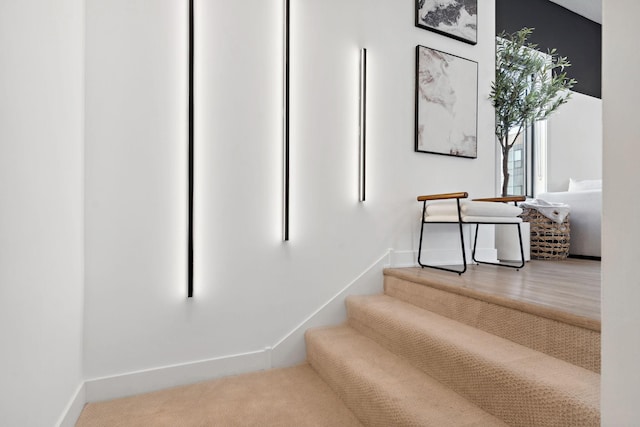 stairs with baseboards and carpet flooring