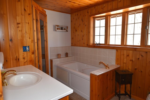 30472 Lightning Pass Unit 1, Turtle Creek Twp, MN 56443 - bathroom featuring a sink, wooden ceiling, a garden tub, and wooden walls