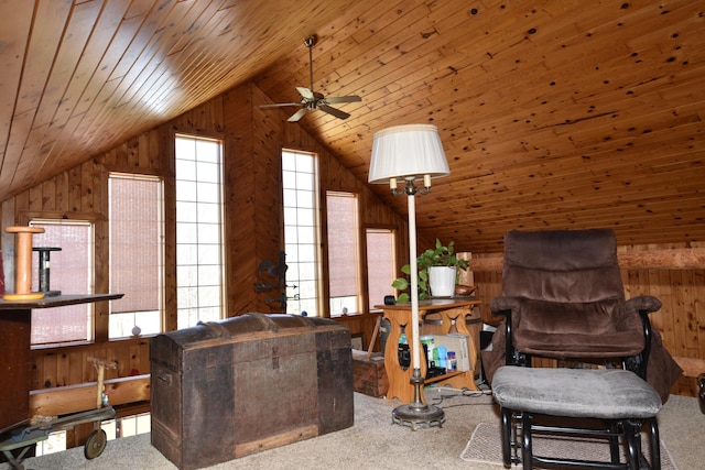 30472 Lightning Pass Unit 1, Turtle Creek Twp, MN 56443 - sitting room featuring carpet flooring, ceiling fan, lofted ceiling, and wooden walls