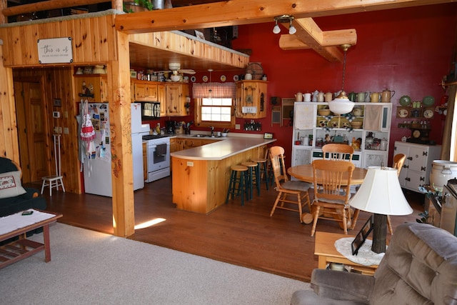 30472 Lightning Pass Unit 1, Turtle Creek Twp, MN 56443 - kitchen with a breakfast bar area, wood finished floors, a sink, a peninsula, and white appliances