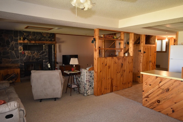 30472 Lightning Pass Unit 1, Turtle Creek Twp, MN 56443 - carpeted living area featuring wood walls and a fireplace