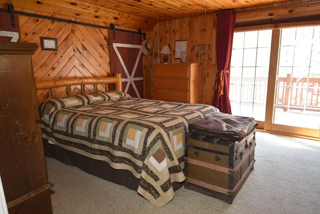 30472 Lightning Pass Unit 1, Turtle Creek Twp, MN 56443 - bedroom featuring carpet floors, vaulted ceiling, a barn door, and wood ceiling