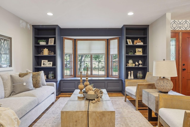 1055 Nelson Dr, Shoreview, MN 55126 - living room featuring wood finished floors, built in shelves, and recessed lighting