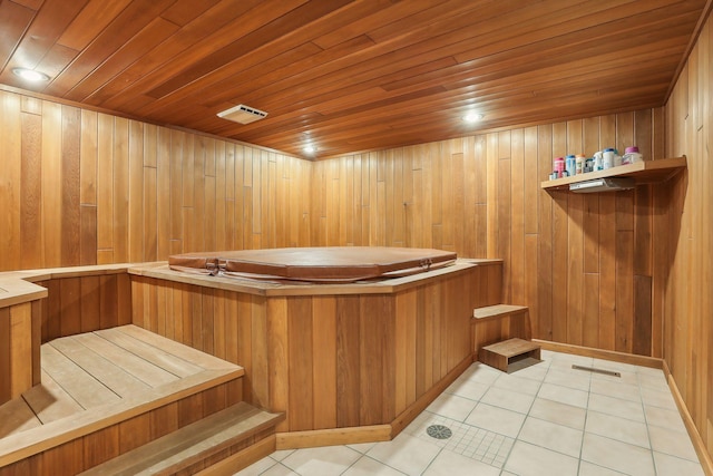 1055 Nelson Dr, Shoreview, MN 55126 - miscellaneous room with a sauna / steam room, light tile patterned floors, wooden ceiling, and wood walls