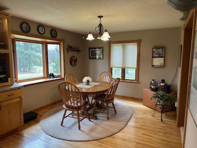 9700 Aspen Ave NW, Bemidji, MN 56601 - dining area featuring a textured ceiling, a chandelier, a healthy amount of sunlight, and light wood-type flooring