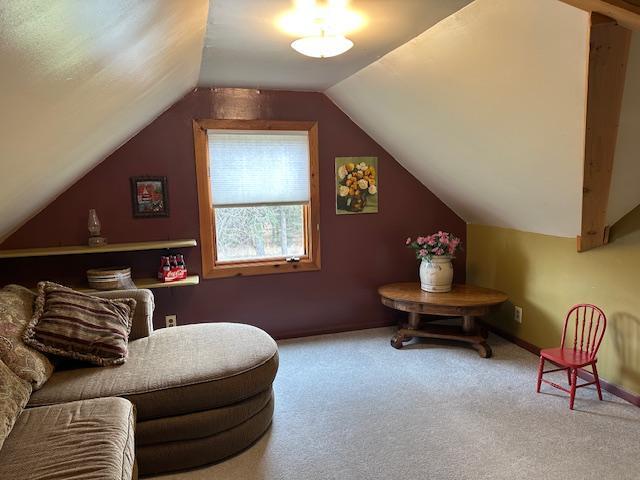9700 Aspen Ave NW, Bemidji, MN 56601 - sitting room featuring baseboards, carpet, and lofted ceiling