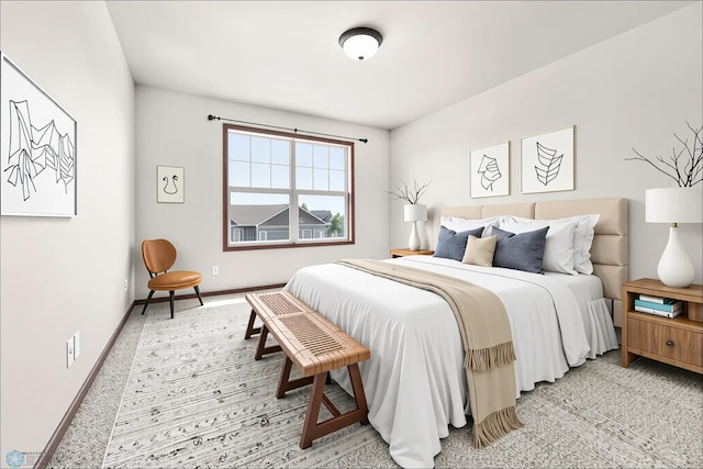 bedroom featuring light carpet and baseboards