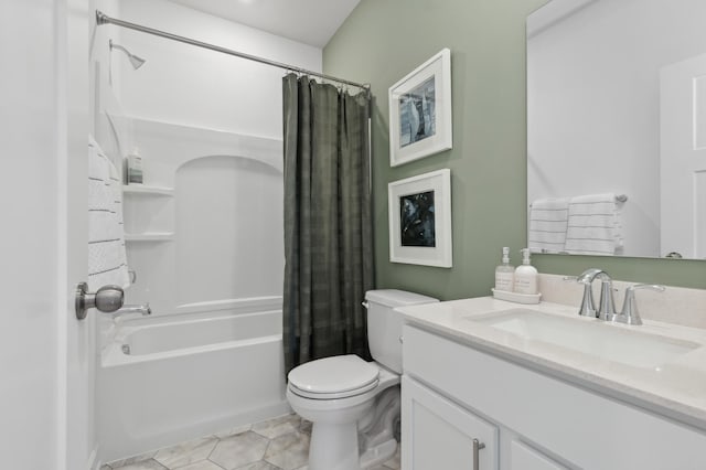 bathroom featuring toilet, shower / tub combo, vanity, and tile patterned flooring