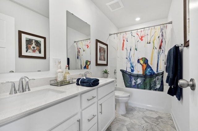 bathroom with toilet, shower / tub combo, double vanity, and recessed lighting