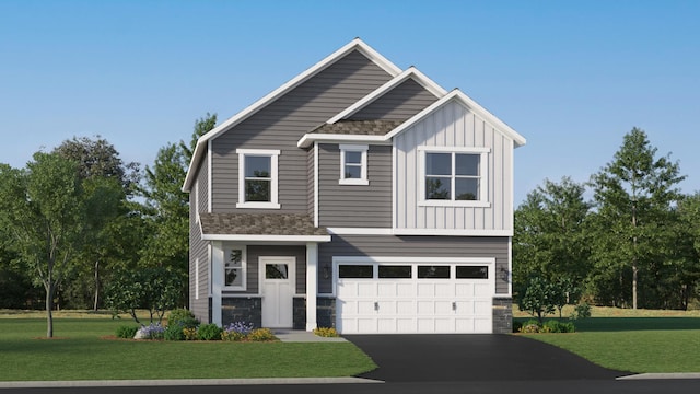 view of front of house with stone siding, board and batten siding, asphalt driveway, a garage, and a front lawn