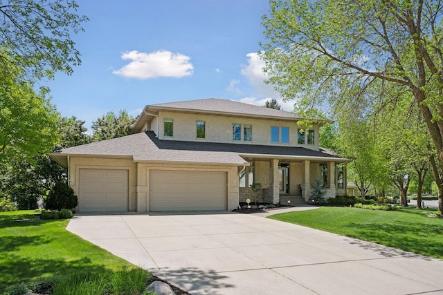 4970 Yuma Ct N, Plymouth, MN 55446 - prairie-style house featuring driveway, a porch, a front lawn, and stucco siding