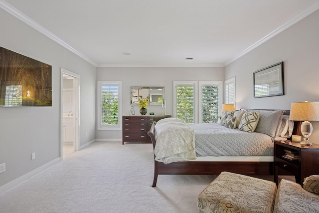 4970 Yuma Ct N, Plymouth, MN 55446 - bedroom featuring multiple windows, light carpet, crown molding, baseboards, and ensuite bath