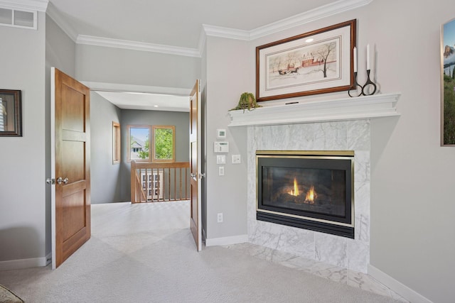 4970 Yuma Ct N, Plymouth, MN 55446 - unfurnished living room with light colored carpet, crown molding, baseboards, and a tiled fireplace