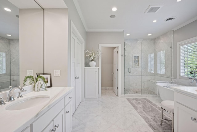 4970 Yuma Ct N, Plymouth, MN 55446 - bathroom with vanity, marble tiled floors, crown molding, a shower stall, and a freestanding tub
