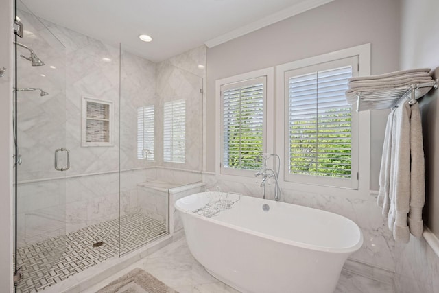 4970 Yuma Ct N, Plymouth, MN 55446 - full bathroom with a freestanding tub, a stall shower, marble tiled floors, plenty of natural light, and crown molding