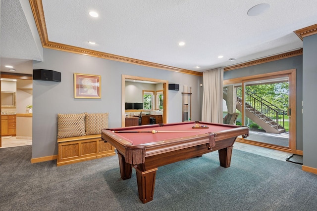 4970 Yuma Ct N, Plymouth, MN 55446 - game room featuring dark colored carpet, crown molding, pool table, recessed lighting, and baseboards