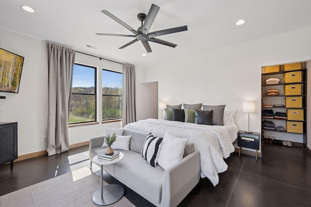bedroom with ceiling fan, baseboards, visible vents, and recessed lighting