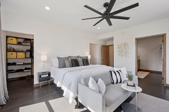 bedroom featuring baseboards, a ceiling fan, and recessed lighting