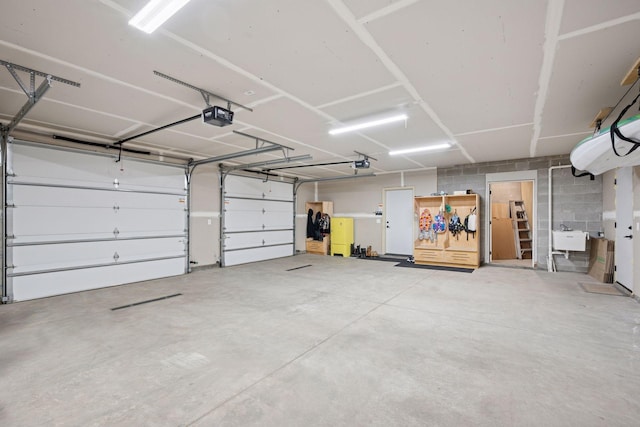 garage with a garage door opener and a sink