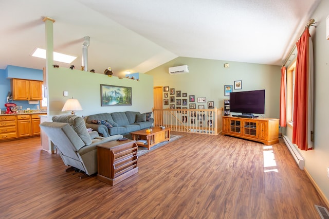 living room with a wall mounted AC, wood finished floors, lofted ceiling, and a baseboard radiator