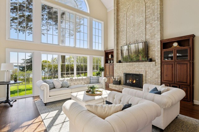 1510 Green Trees Rd, Orono, MN 55391 - living area featuring high vaulted ceiling, wood finished floors, and a fireplace