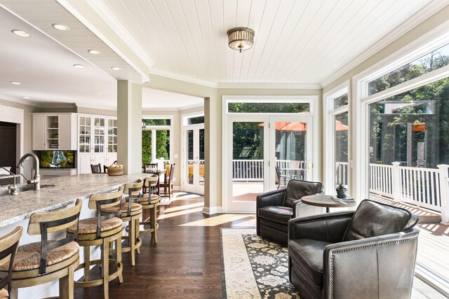 1510 Green Trees Rd, Orono, MN 55391 - sunroom with french doors, crown molding, a sink, wood finished floors, and recessed lighting
