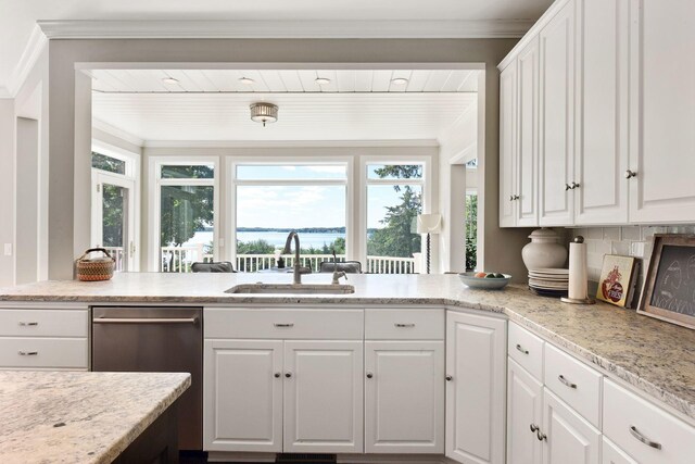 1510 Green Trees Rd, Orono, MN 55391 - kitchen featuring a sink, dishwasher, white cabinets, a water view, and crown molding
