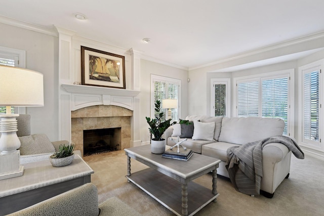 1510 Green Trees Rd, Orono, MN 55391 - living room with ornamental molding, light carpet, and a tiled fireplace
