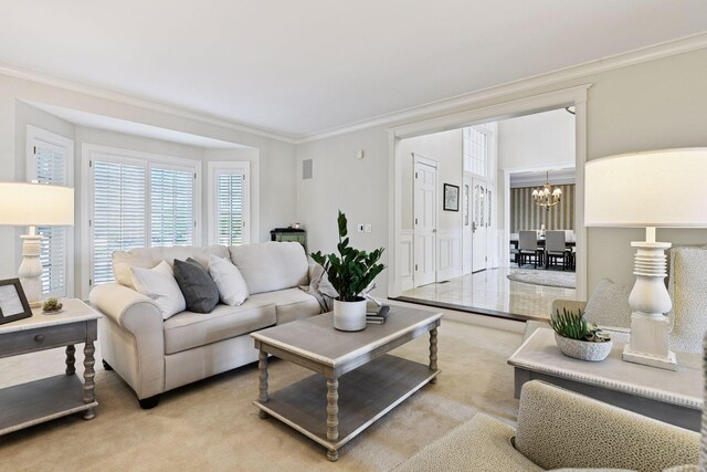 1510 Green Trees Rd, Orono, MN 55391 - living area featuring a chandelier, ornamental molding, and carpet flooring