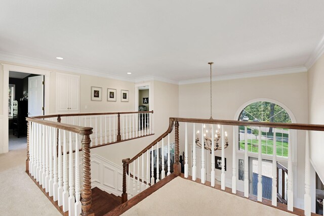 1510 Green Trees Rd, Orono, MN 55391 - staircase featuring a chandelier, ornamental molding, and recessed lighting