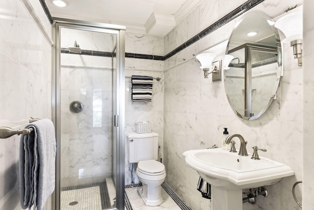 1510 Green Trees Rd, Orono, MN 55391 - bathroom with crown molding, a shower stall, tile walls, toilet, and a sink