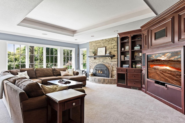 1510 Green Trees Rd, Orono, MN 55391 - living room with carpet floors, a brick fireplace, a tray ceiling, a textured ceiling, and recessed lighting