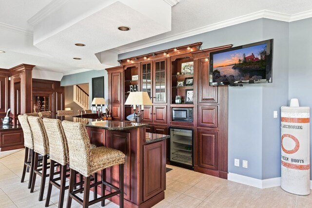 1510 Green Trees Rd, Orono, MN 55391 - indoor bar featuring beverage cooler, built in microwave, crown molding, stairs, and light tile patterned floors