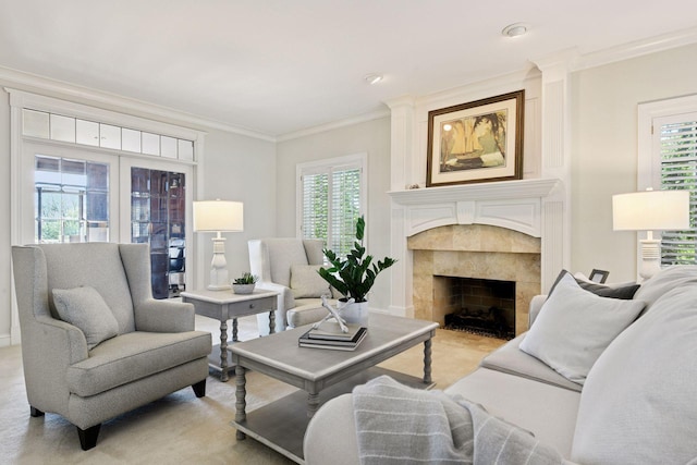 1510 Green Trees Rd, Orono, MN 55391 - living area with ornamental molding, healthy amount of natural light, and a tiled fireplace