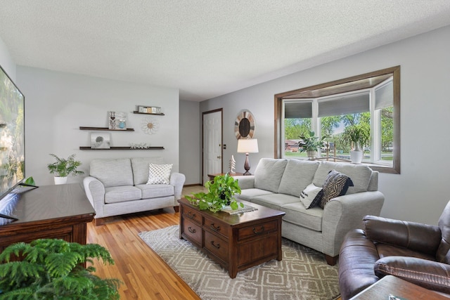 living area with light wood-type flooring and a textured ceiling