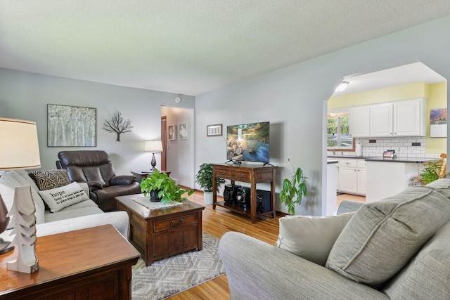 living area featuring light wood-style flooring and a textured ceiling