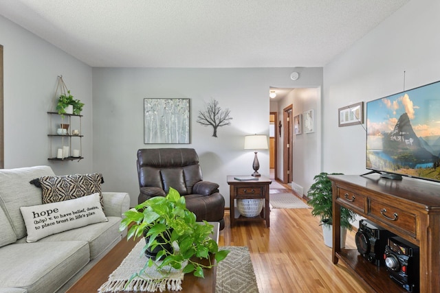 living room with light wood finished floors and a textured ceiling