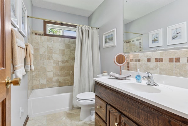 bathroom with toilet, vanity, and shower / tub combo with curtain