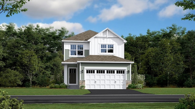 view of front facade featuring roof with shingles, board and batten siding, an attached garage, and a front yard