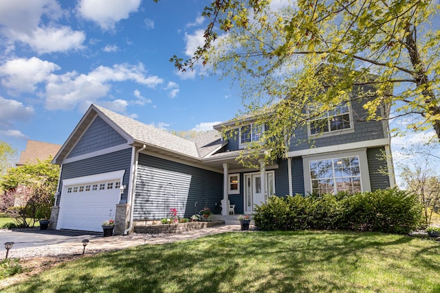 view of front of property featuring a front lawn, an attached garage, and concrete driveway