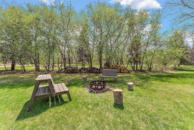 view of property's community featuring a yard and an outdoor fire pit
