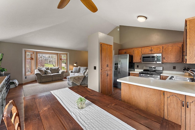 kitchen featuring a sink, light countertops, stainless steel appliances, open floor plan, and a peninsula