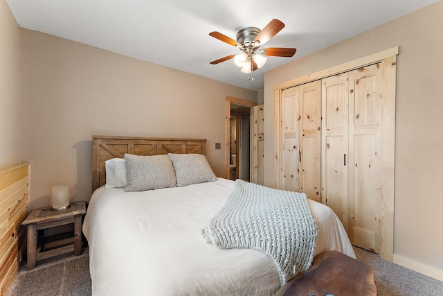 bedroom featuring a closet, carpet flooring, and ceiling fan