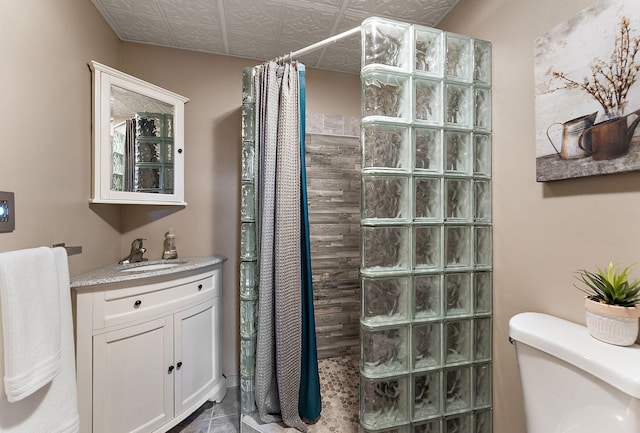 bathroom with vanity, walk in shower, and toilet