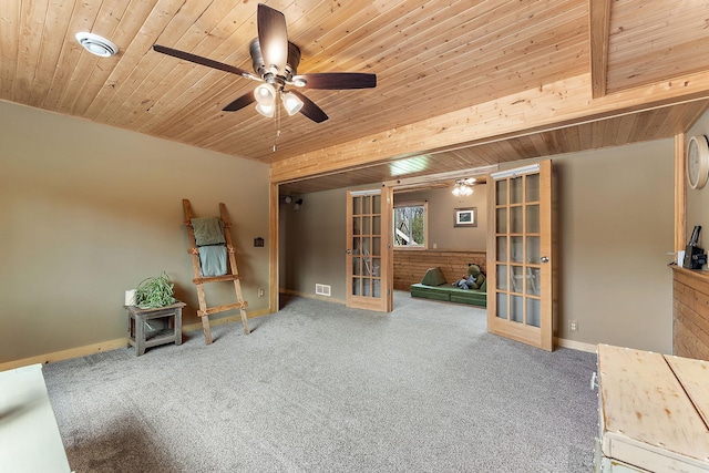 living area featuring ceiling fan, french doors, carpet, wooden ceiling, and visible vents