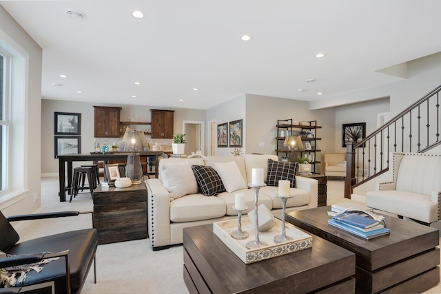 3338 Winfield Way SW, Prior Lake, MN 55372 - living area featuring stairs, recessed lighting, baseboards, and light carpet