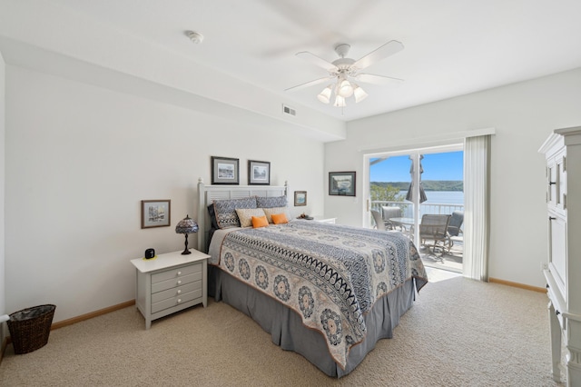 bedroom featuring access to outside, light colored carpet, baseboards, and a ceiling fan