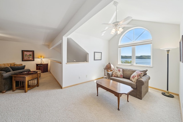 carpeted living room featuring vaulted ceiling, a ceiling fan, a water view, and baseboards