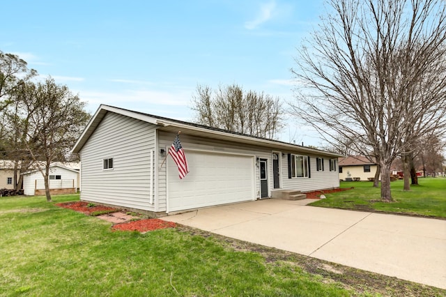 ranch-style home featuring an attached garage and a front lawn