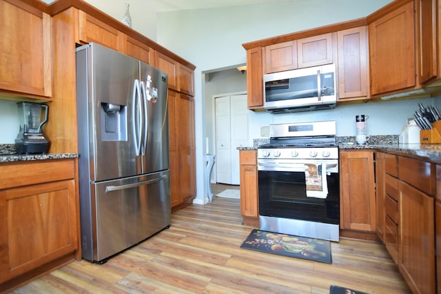 5634 142nd St W, Apple Valley, MN 55124 - kitchen with stainless steel appliances, light wood-type flooring, dark stone counters, and brown cabinets